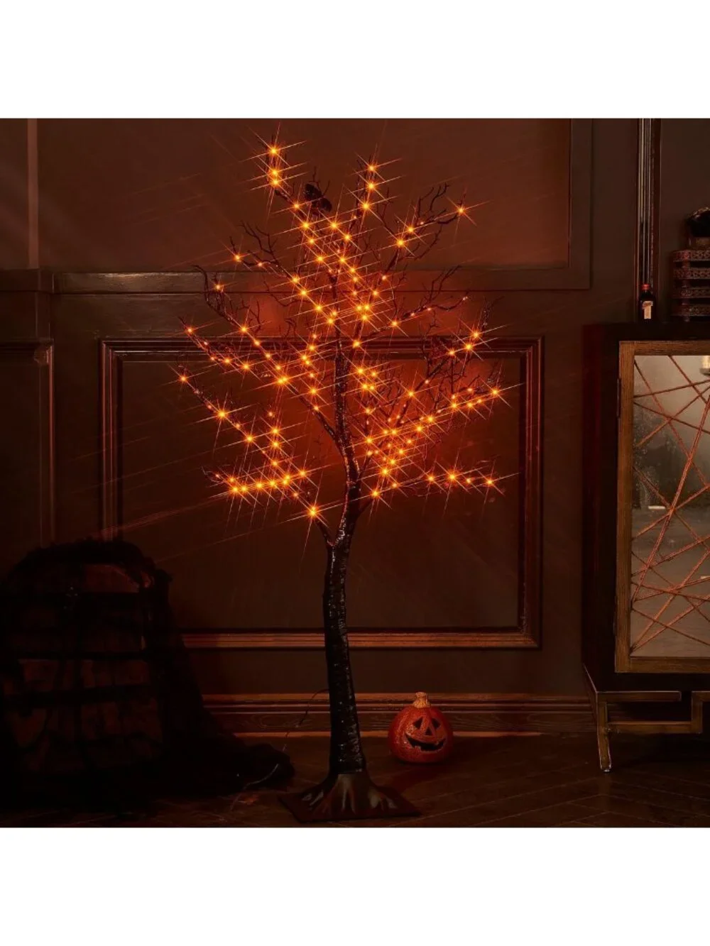 Spooky 4FT Halloween Tree Lights - 150 Orange LED, Plug-In Black Outdoor Decor